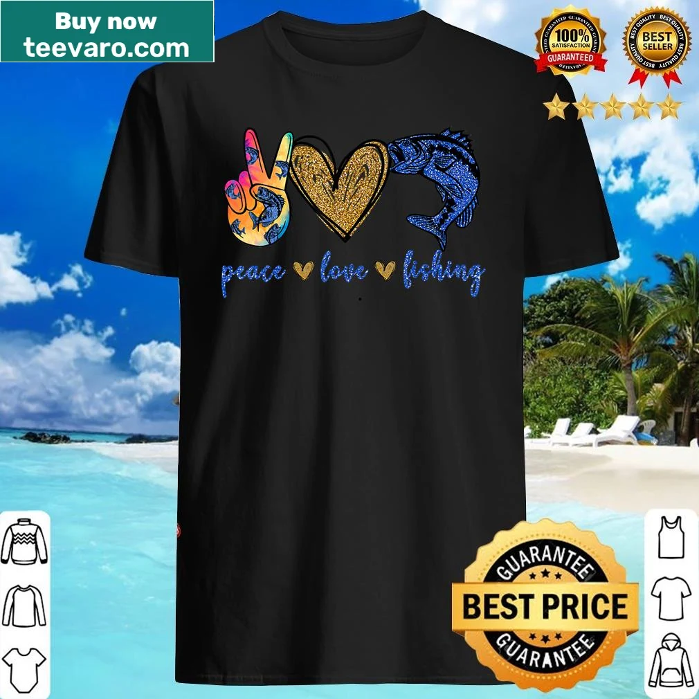 Tie dye shirt featuring a peace sign and fishing elements for hobbyists.