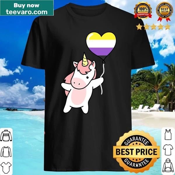 Cartoon unicorn holding a heart balloon, representing nonbinary pride