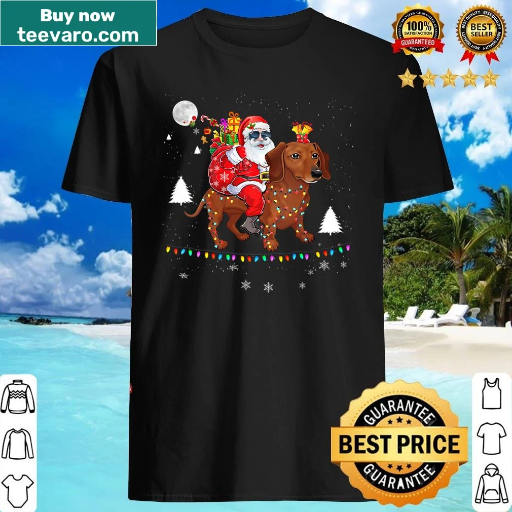 V-neck shirt with Santa riding a dachshund and holiday lights