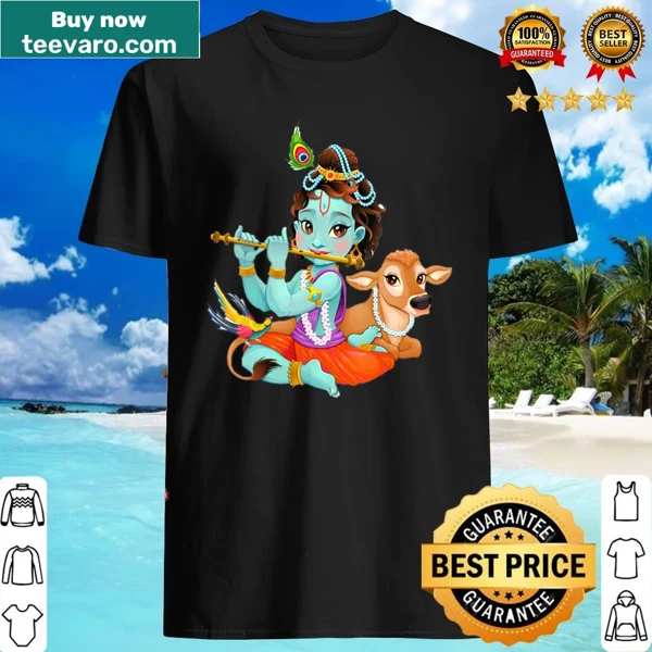 Illustration of Lord Krishna with a cow and a bird on a shirt