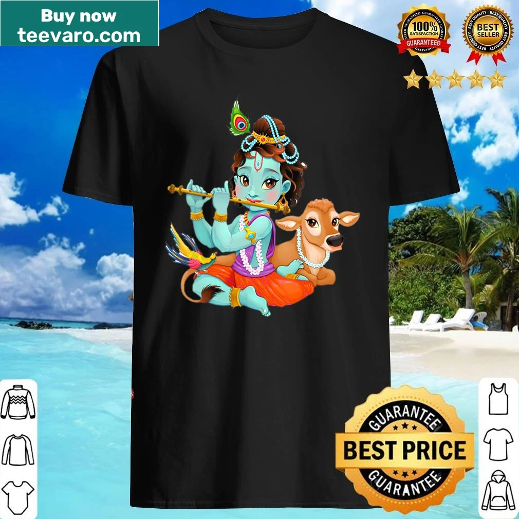 Illustration of Lord Krishna with a cow and a bird on a shirt