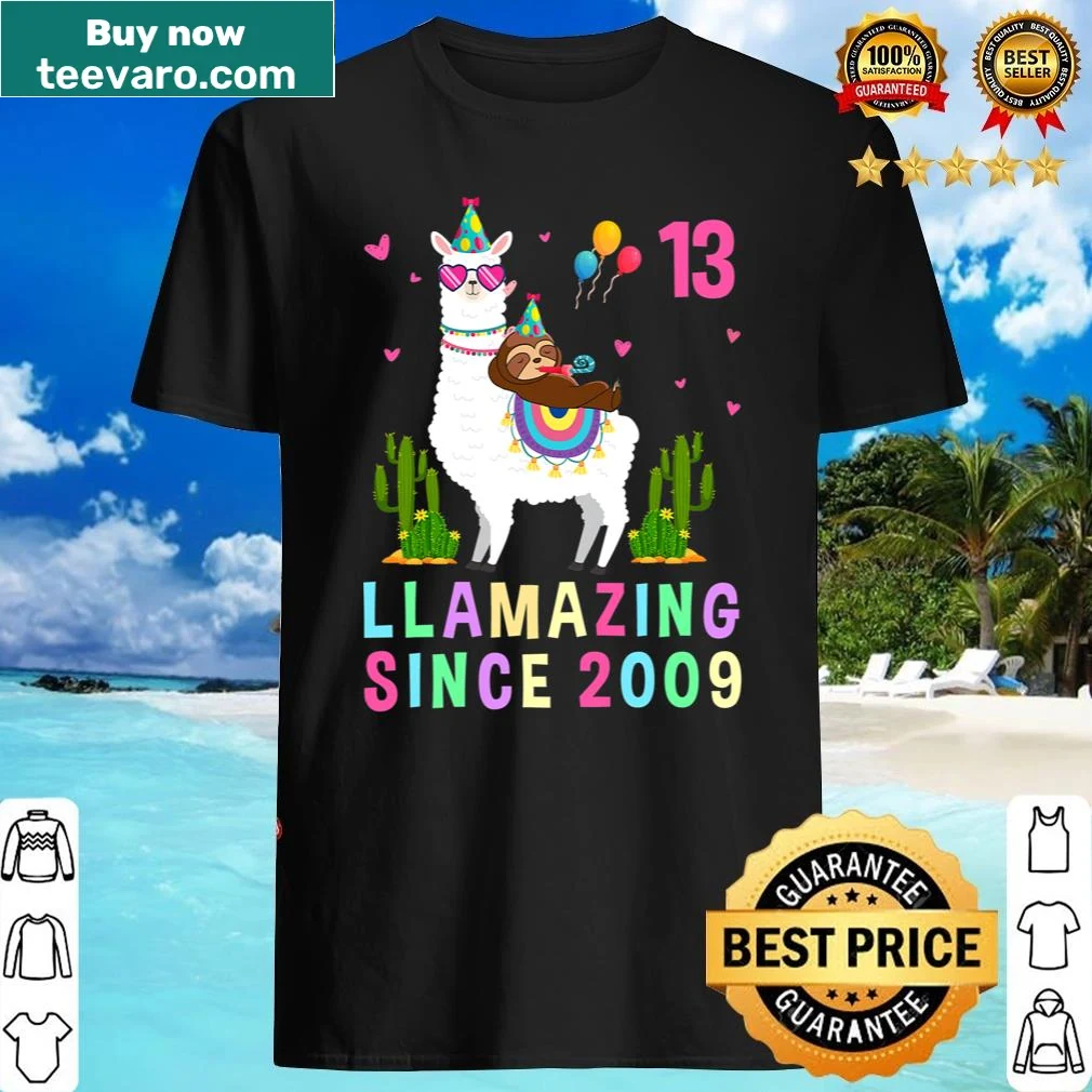 Cute 13th birthday shirt with cartoon sloth on llama