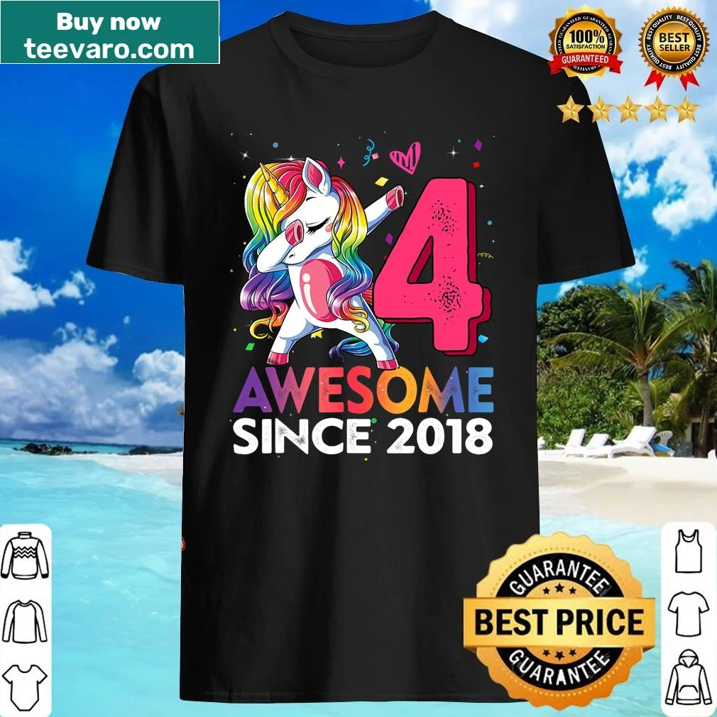 Fun dabbing unicorn birthday shirt for 4-year-old girls.
