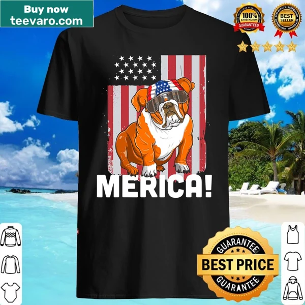 Patriotic bulldog shirt with 'Merica!' text and flag design.