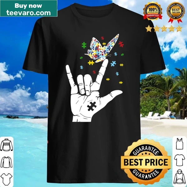 Autism awareness shirt with a butterfly and 'I love you' hand sign