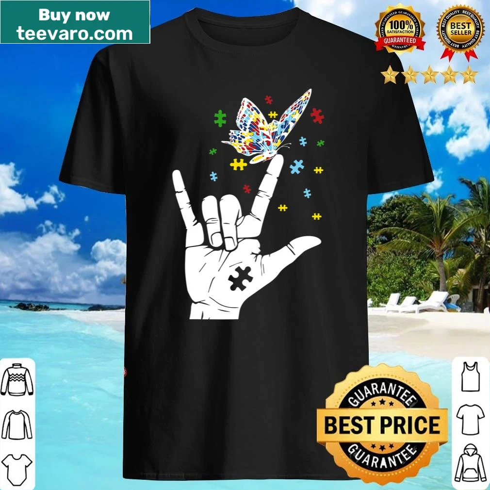 Autism awareness shirt with a butterfly and 'I love you' hand sign