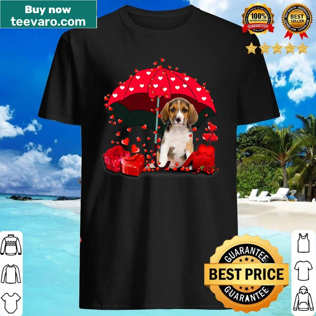 Beagle under a red umbrella with heartwarming details