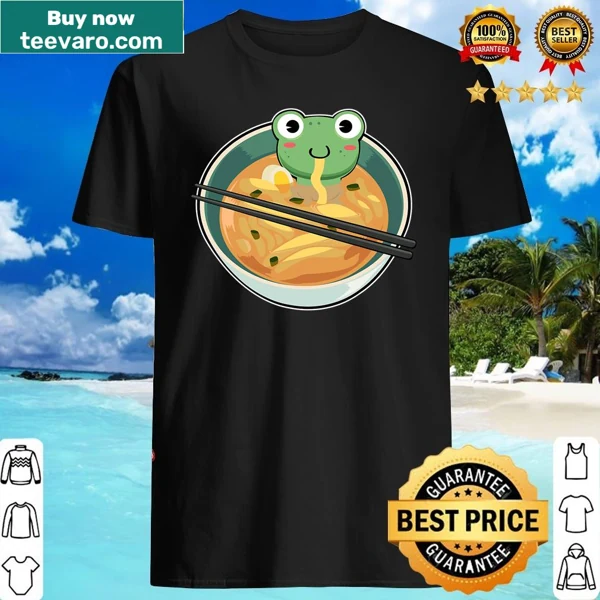 Kawaii pastel frog graphic enjoying ramen