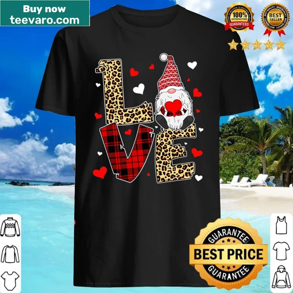 Matching couple T-shirt with cute love gnomes and plaid design