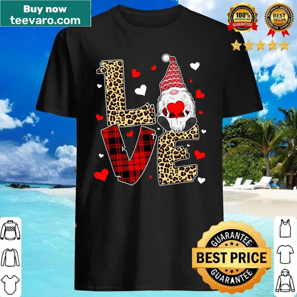 Matching couple T-shirt with cute love gnomes and plaid design
