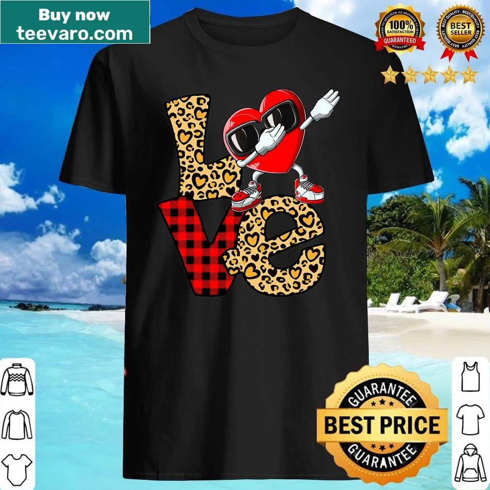 Couple matching T-shirt with dabbing heart and leopard plaid