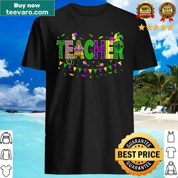 Fun teacher shirt for Mardi Gras featuring playful design