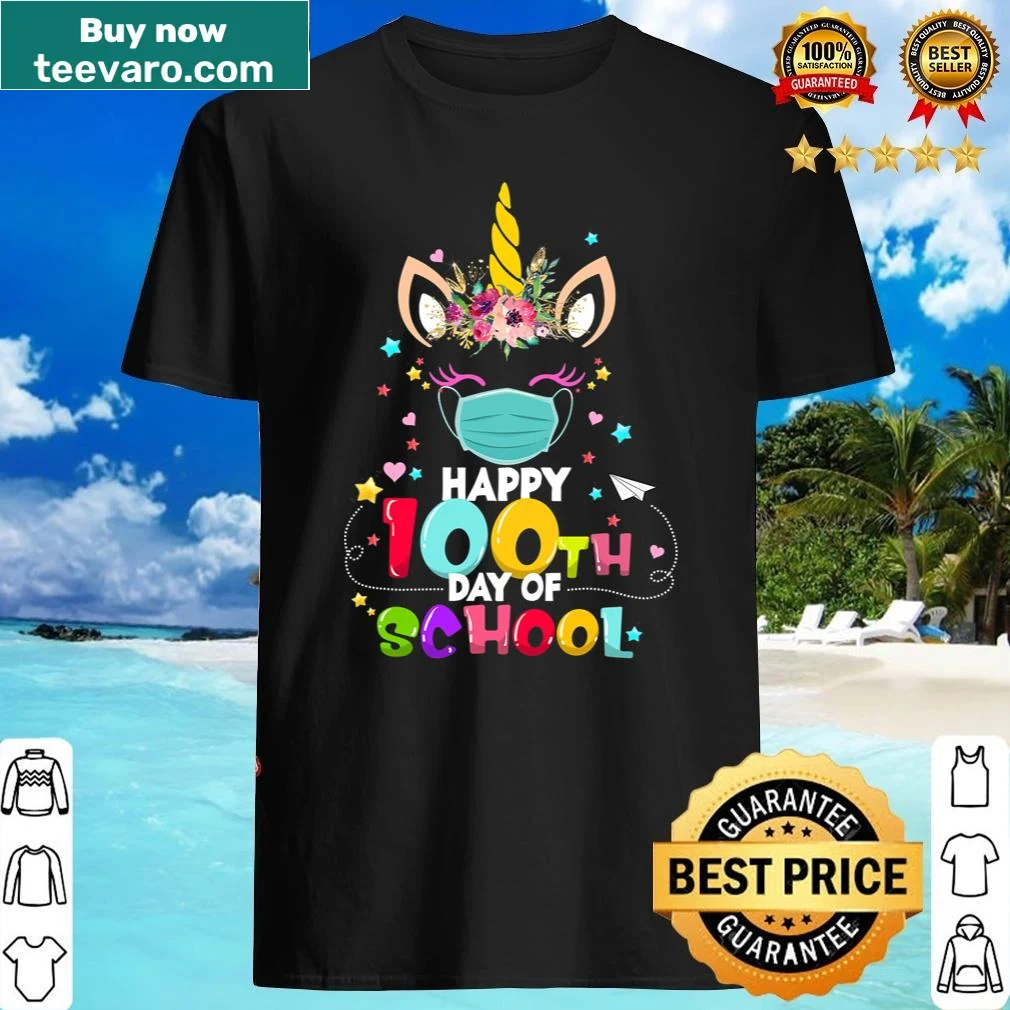 Happy 100th Day Of School shirt featuring a unicorn with a mask