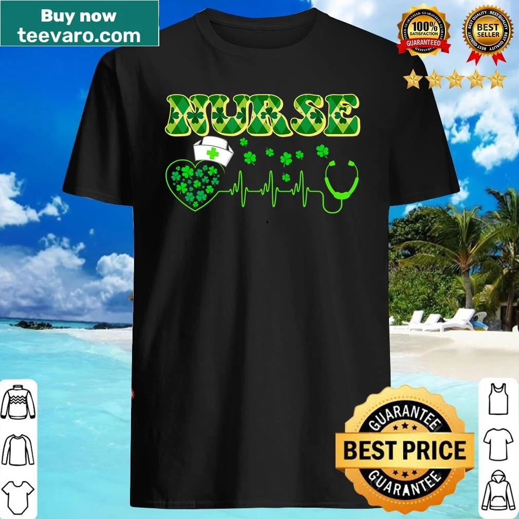 Irish-themed nurse t-shirt with shamrocks and stethoscope graphic