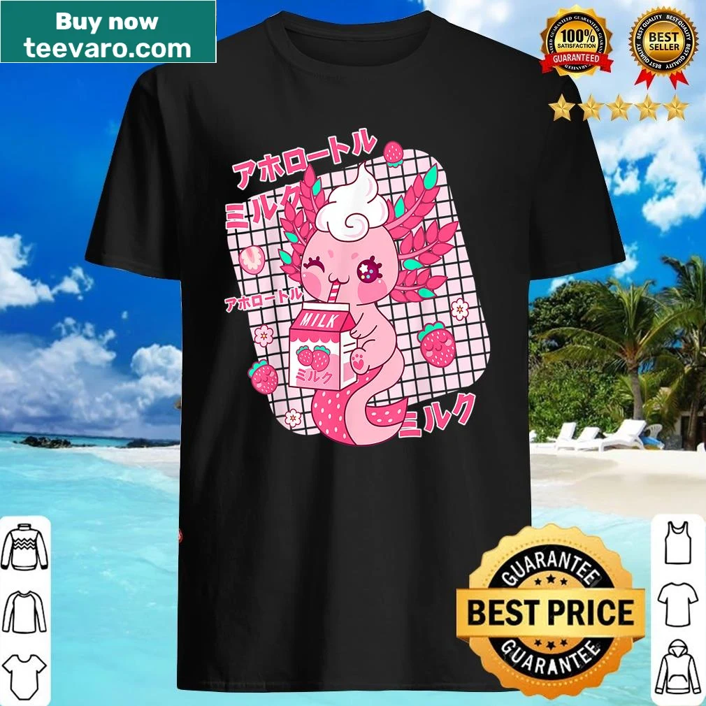 Kawaii shirt with an axolotl and a strawberry milkshake design