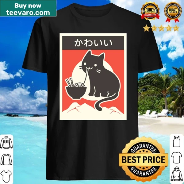 Kawaii cat and ramen graphic shirt in vintage style.