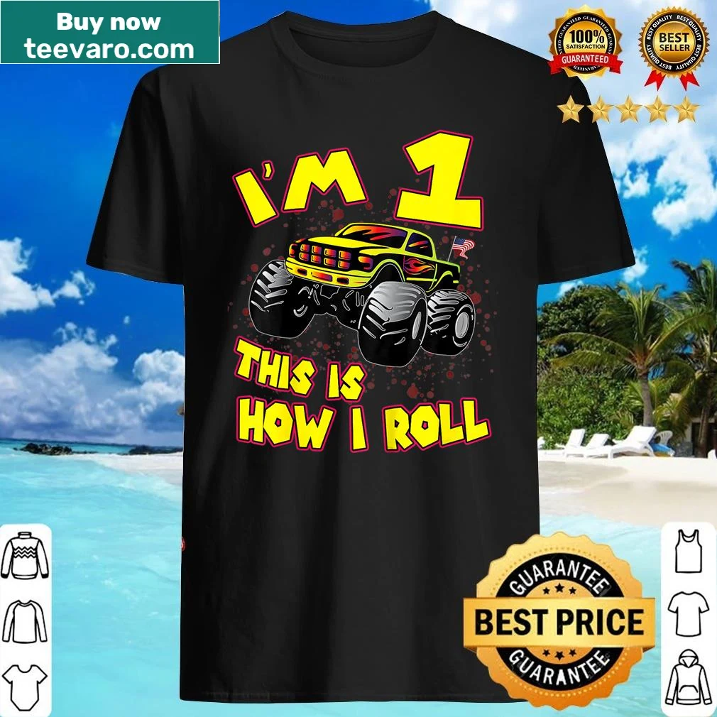 Kids' birthday shirt with a cartoon monster truck and playful text