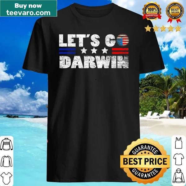 Vintage distressed shirt with U.S. flag and 'Lets Go Darwin' text.