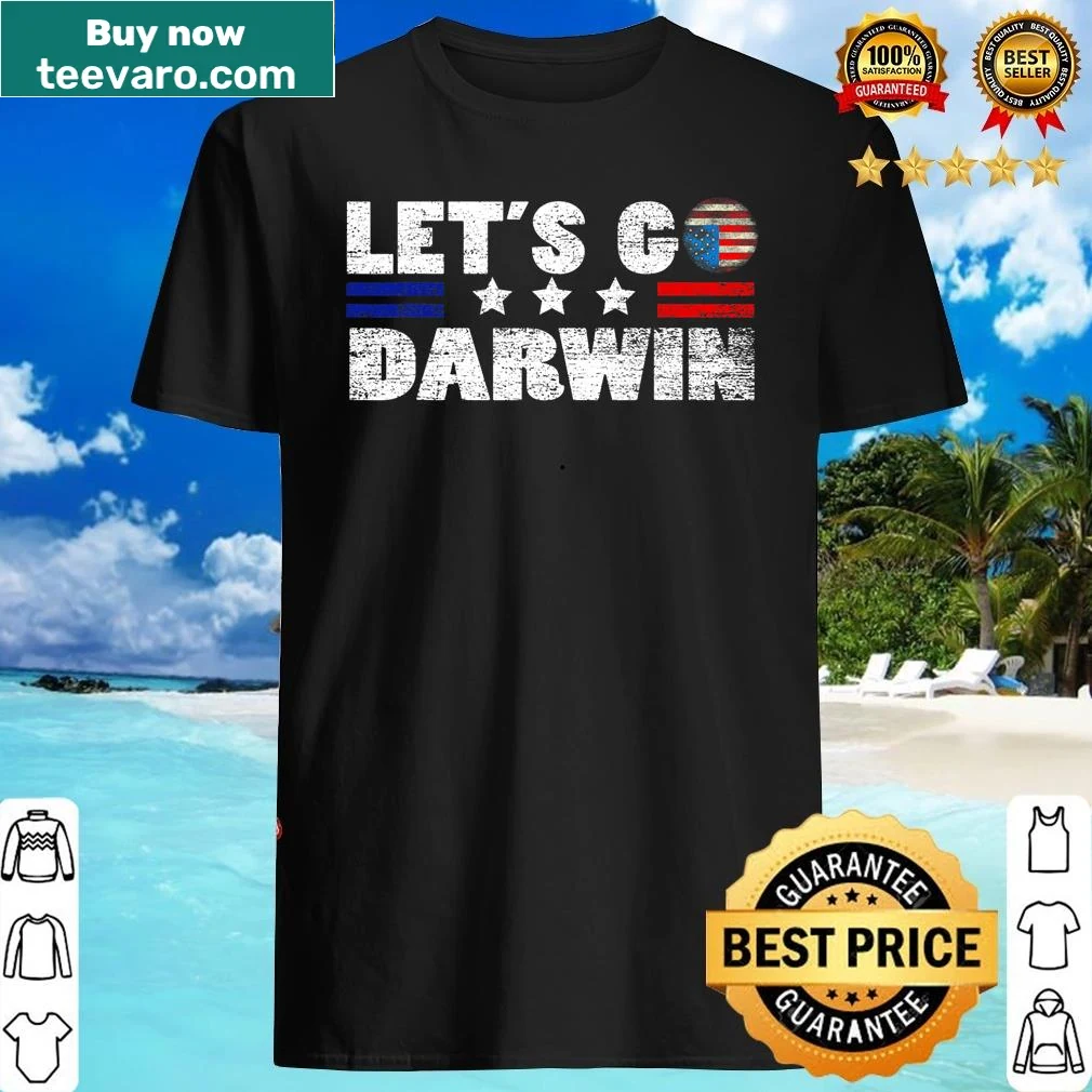 Vintage distressed shirt with U.S. flag and 'Lets Go Darwin' text.