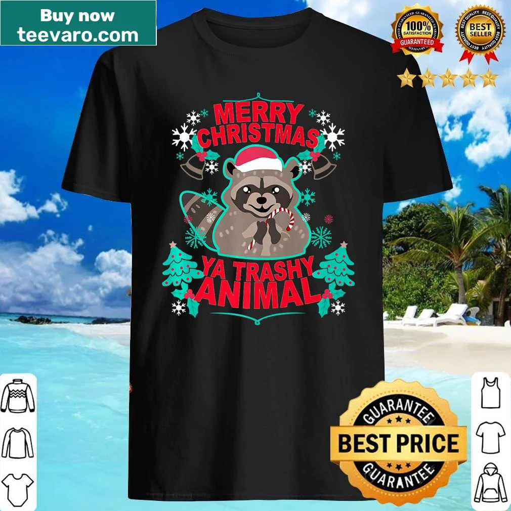 Humorous raccoon illustration in a Christmas theme for festive shirt
