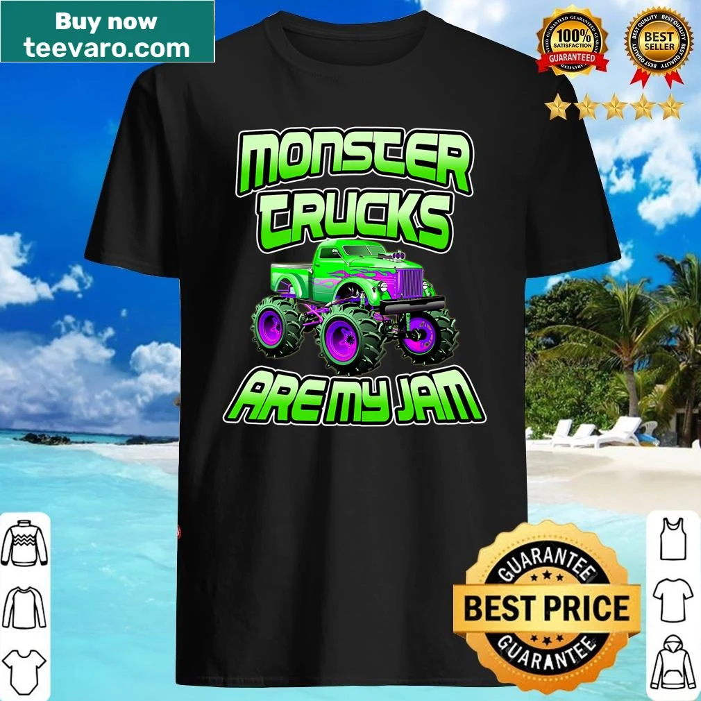 Cartoon monster truck graphic with text on a playful shirt