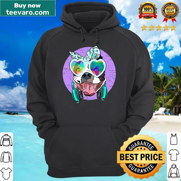 Vintage pitbull t-shirt featuring headphones and leopard bow.