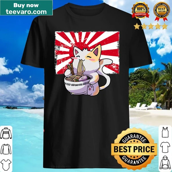 Kawaii cat enjoying ramen graphic on t-shirt
