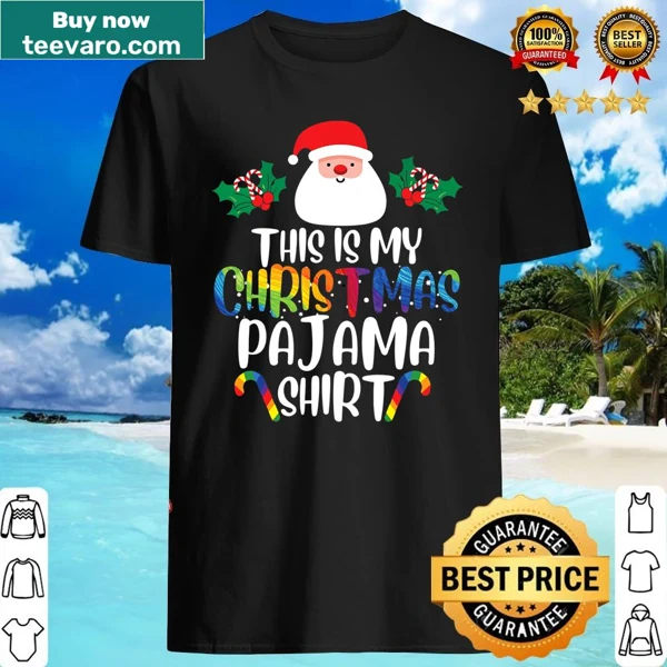 Rainbow Christmas pajama shirt celebrating LGBTQ+ pride for the holidays.