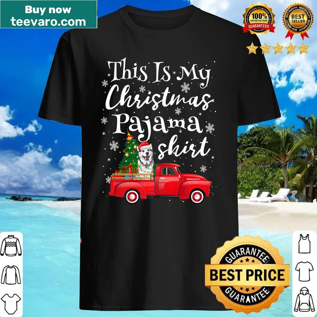 Funny Christmas pajama shirt with a Siberian Husky dressed as Santa.