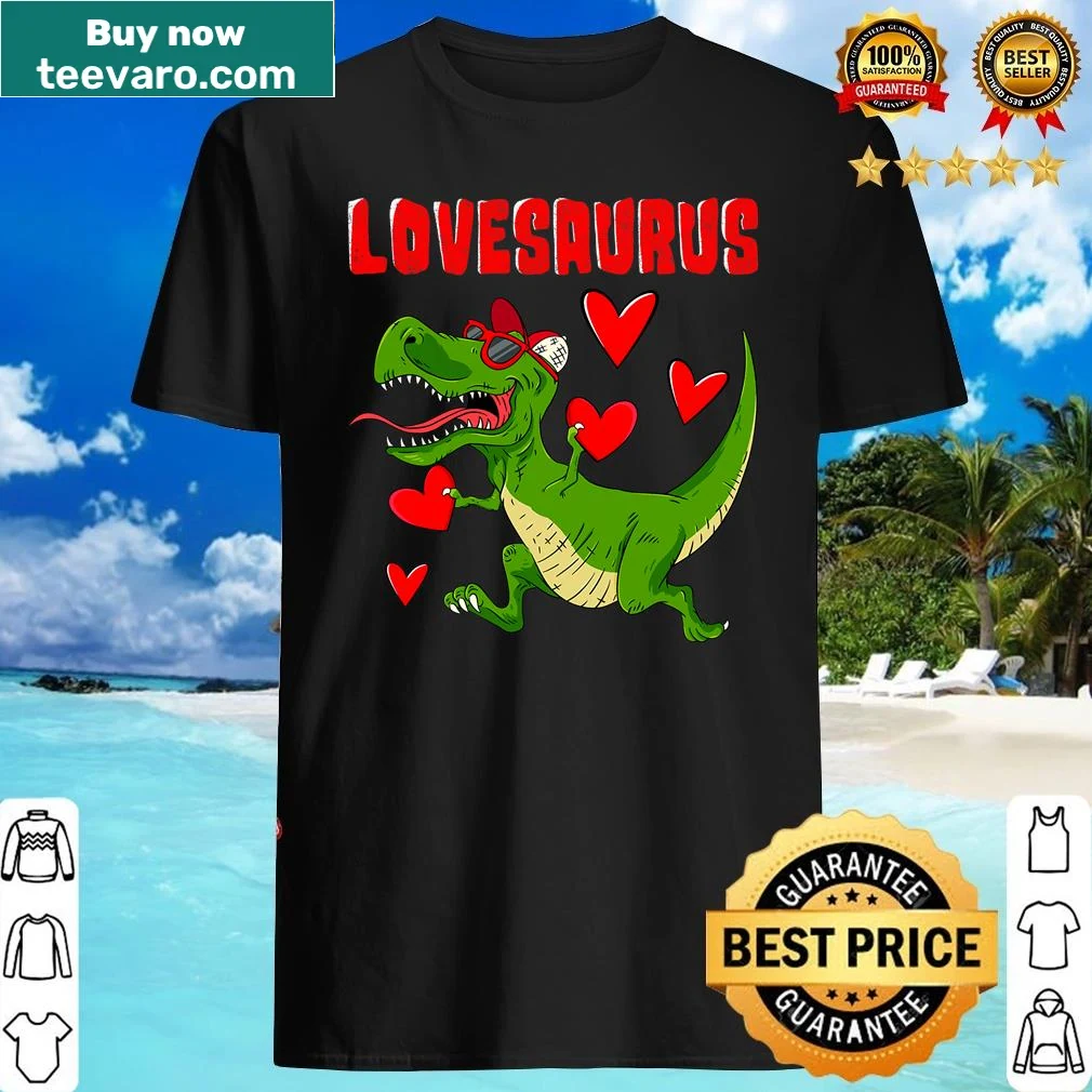 Cute Lovesaurus dinosaur illustration on Valentine's Day shirt.
