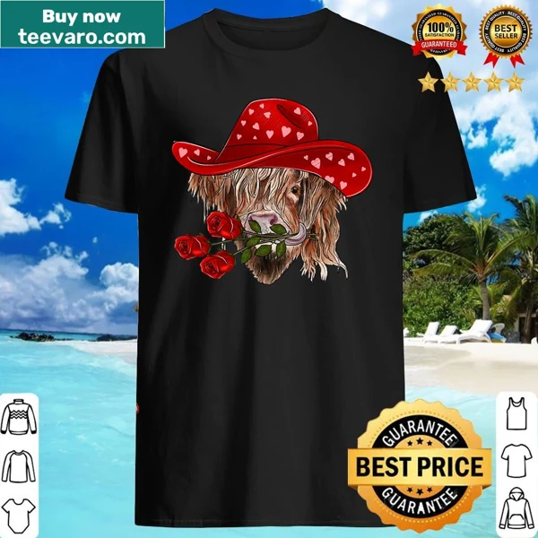 Cute illustration of a Highland cow wearing a hat for Valentine's Day