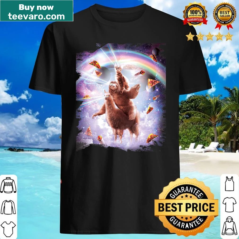 Playful V-neck shirt with a laser-eyed cat riding a sloth and llama