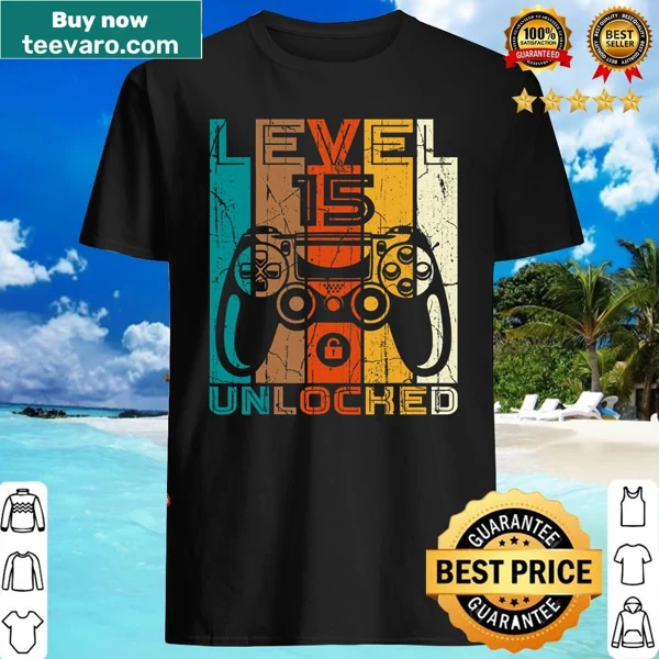 Gaming shirt for 15th birthday with the phrase Level 15 Unlocked.