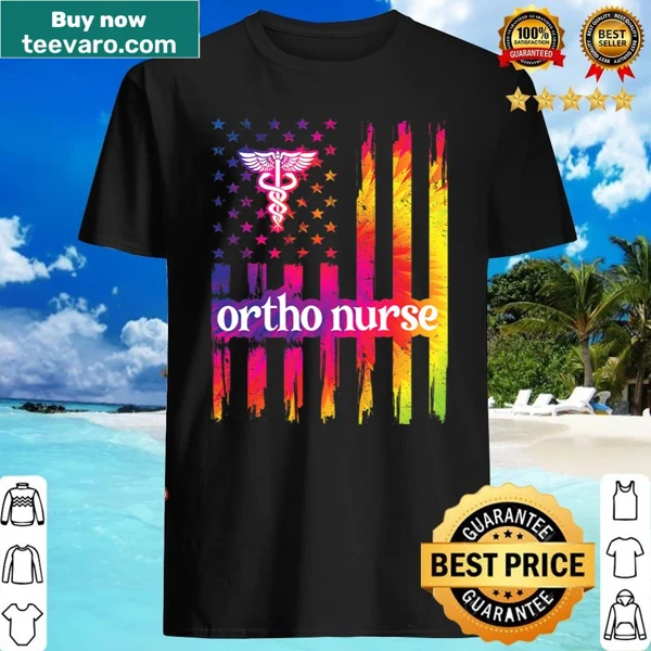Shirt featuring US flag and text celebrating orthopedic nursing.