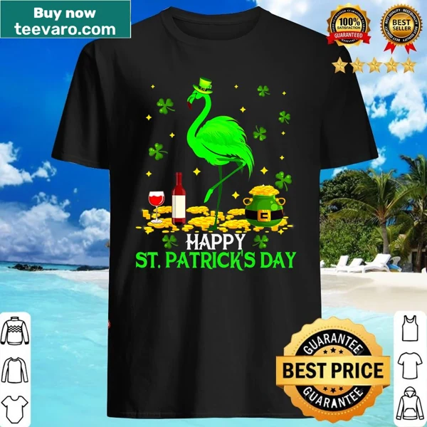 Shirt with a funny green flamingo drinking wine for St. Patrick's Day