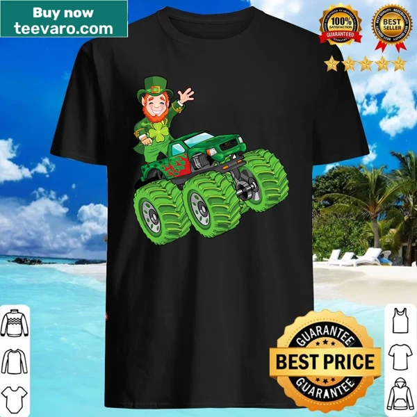 Kids' shirt featuring a leprechaun monster truck for St. Patrick's Day.