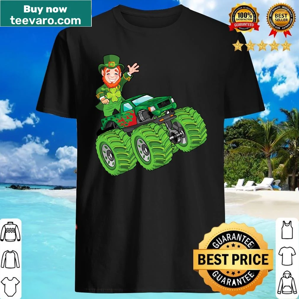 Kids' shirt featuring a leprechaun monster truck for St. Patrick's Day.