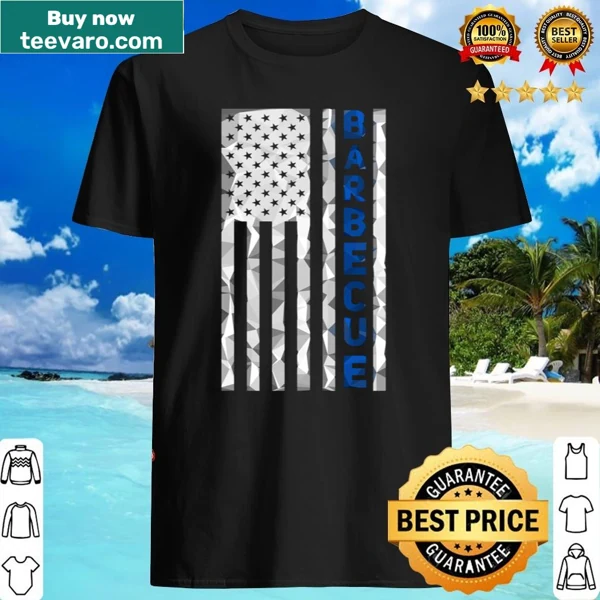 Bold shirt with vertical American flag and barbecue graphics.