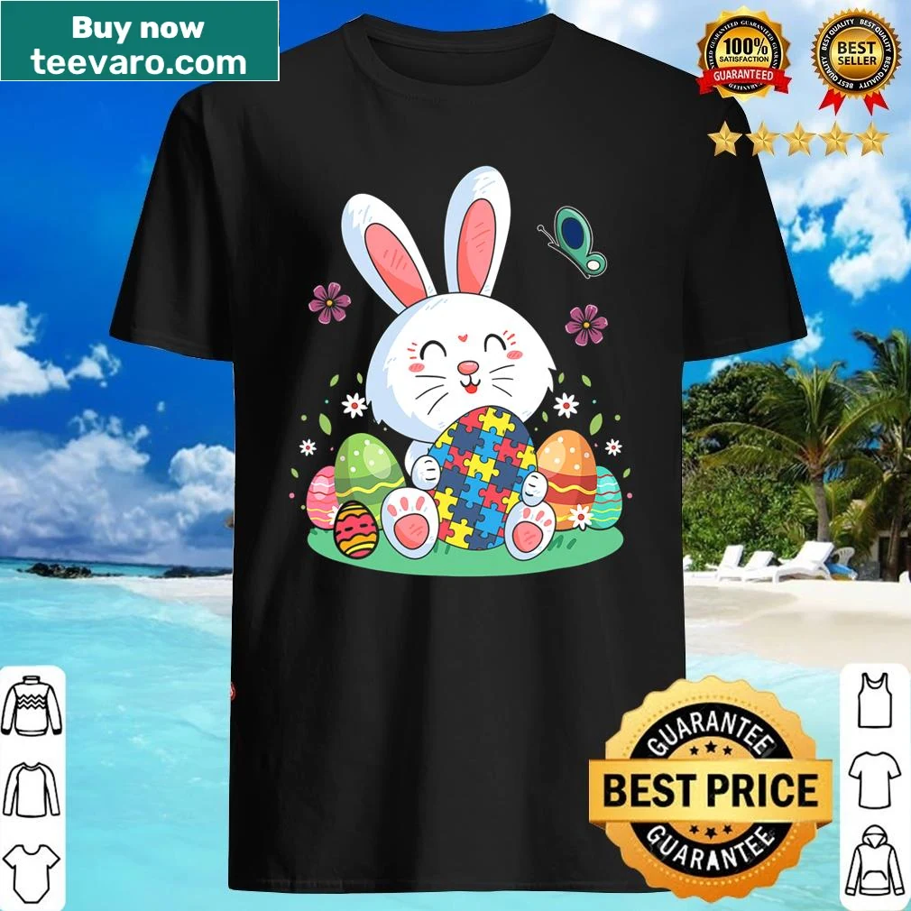 Easter-themed shirt featuring a bunny and puzzle-shaped eggs for autism awareness.