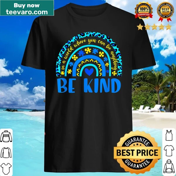 Girls shirt with 'Be Kind' text and rainbow leopard print design for autism awareness