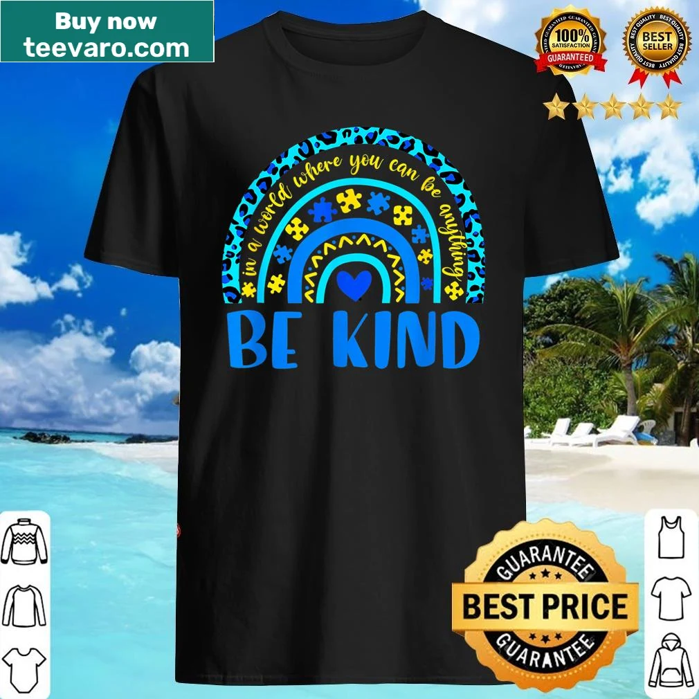 Girls shirt with 'Be Kind' text and rainbow leopard print design for autism awareness