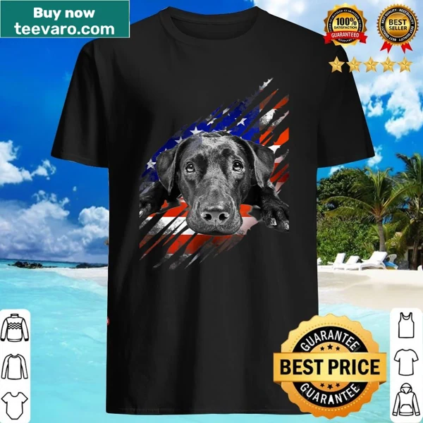 Black Labrador silhouette over USA flag design on a t-shirt