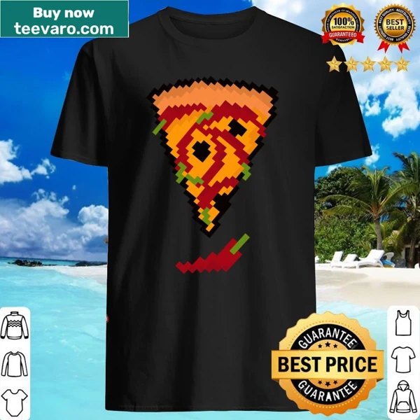 8-bit pixel art shirt featuring chili pizza pattern