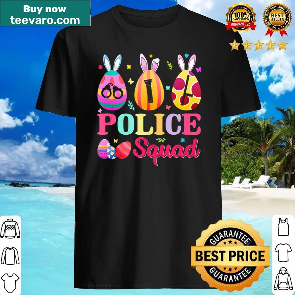 Cartoon shirt featuring a bunny police squad hunting eggs for Easter