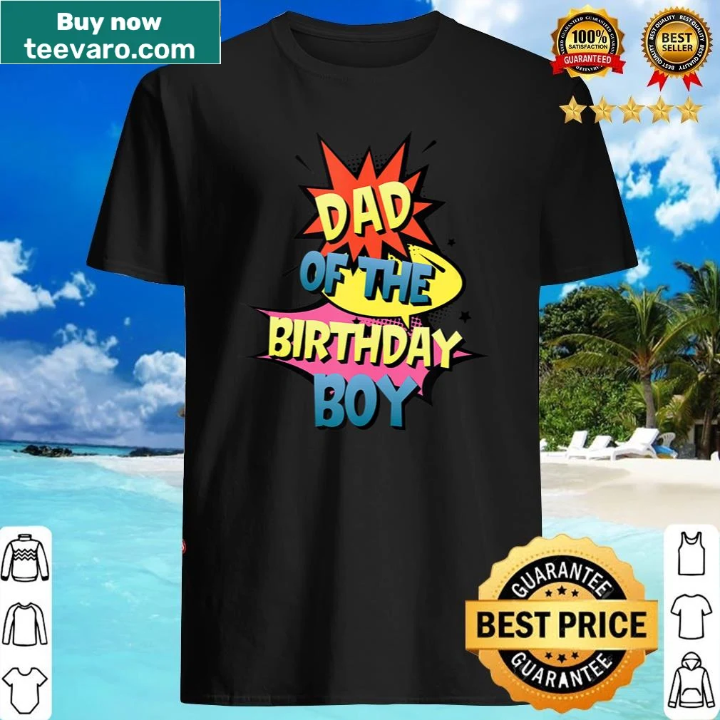 Cartoon superhero-themed shirt for birthday boy's dad