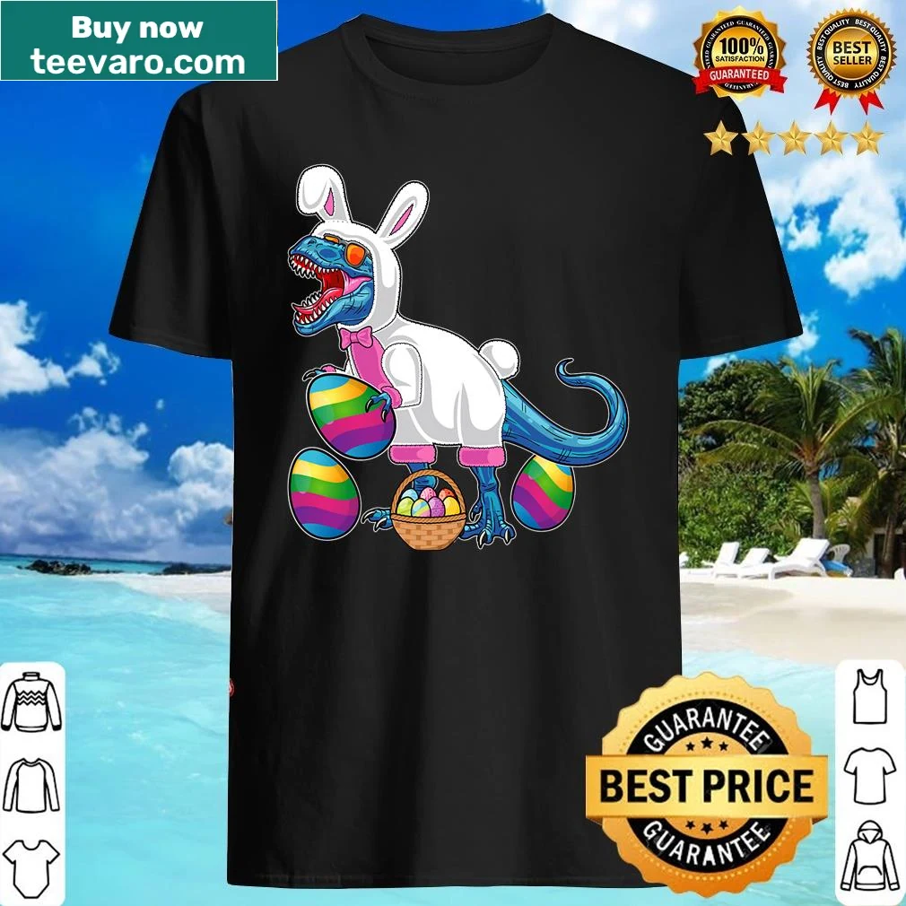 Cute Easter shirt with a bunny and T-Rex hunting eggs for kids