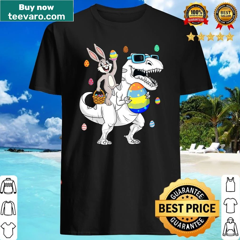Funny kids shirt with Easter bunny riding a T-Rex dinosaur.