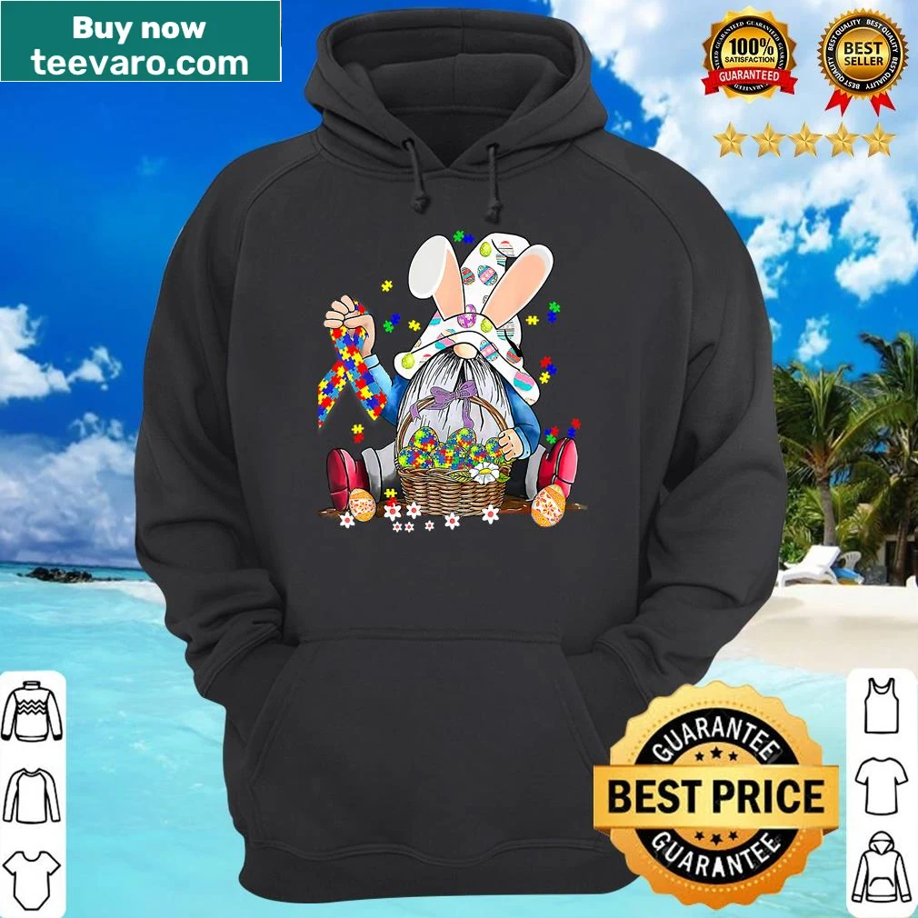 Easter-themed shirt featuring a gnome, eggs, and autism awareness ribbon. — on a hoodie