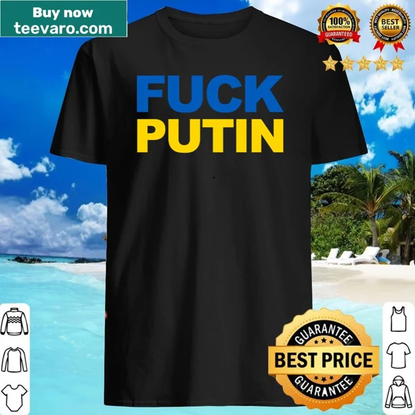 Shirt with Ukraine flag colors and bold text against Putin