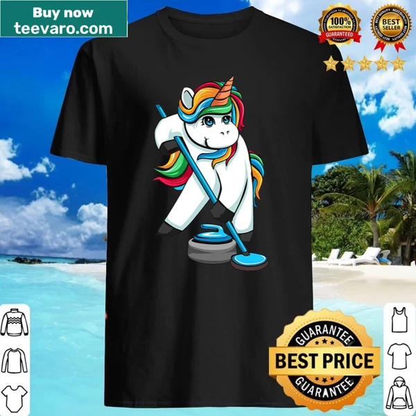 Cartoon unicorn playing curling with a stone illustration